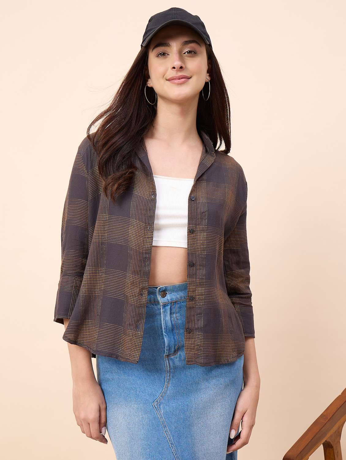 women checkered collared three quarter sleeve shirt