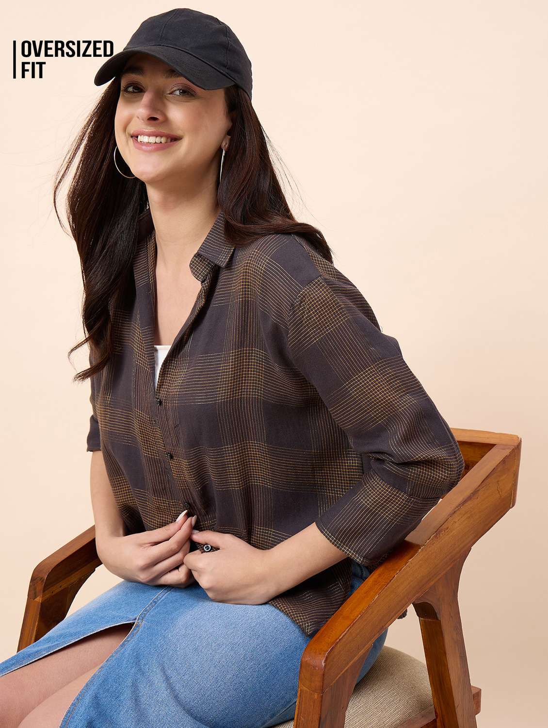 women checkered collared three quarter sleeve shirt - 22390137 -  Standard Image - 2