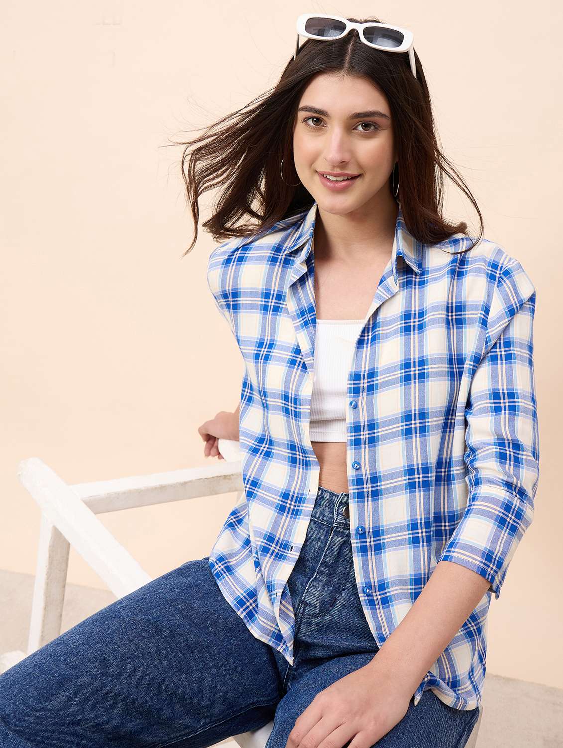 women checkered collared three quarter sleeve shirt - 22390138 -  Standard Image - 2