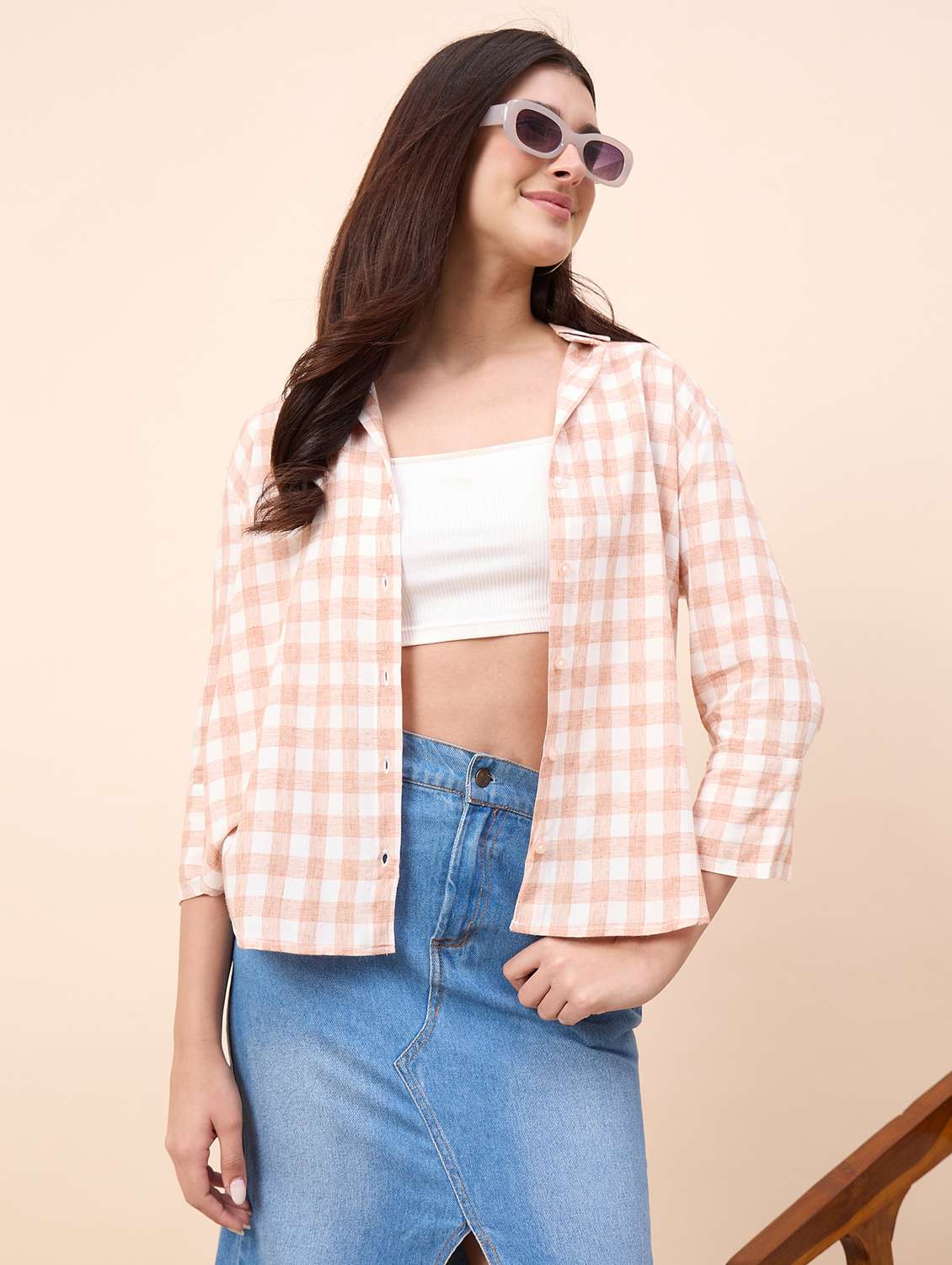 women checkered collared three quarter sleeve shirt - 22390139 -  Standard Image - 2