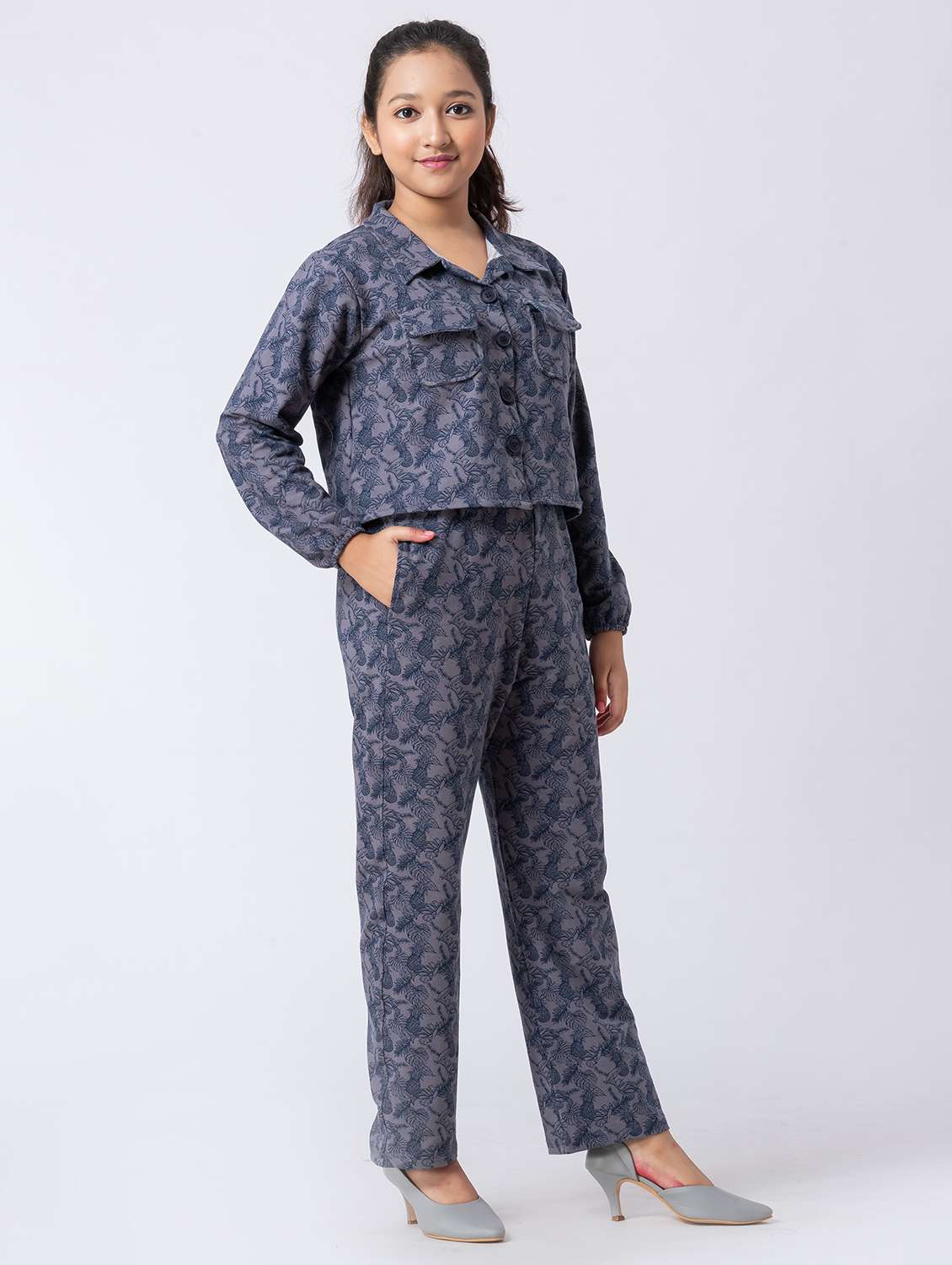 girls printed navy blue cotton blend full length sets co-ord set - 22390142 -  Standard Image - 2