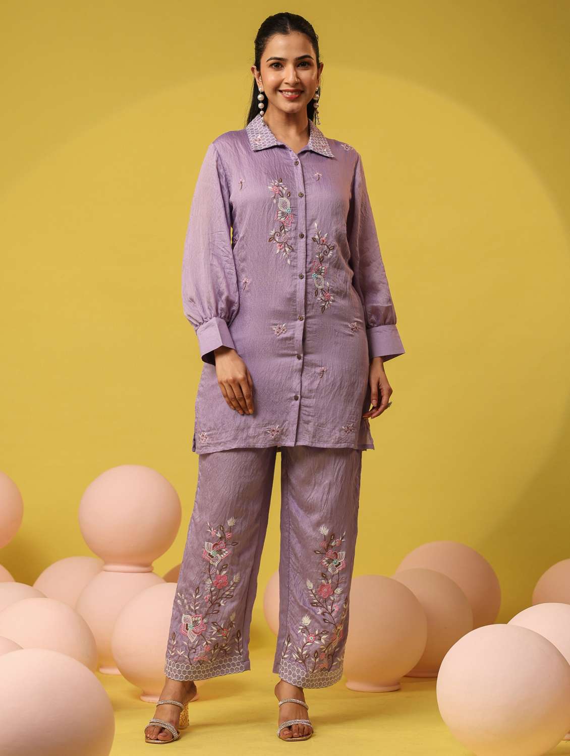 women solid with work long sleeve ethnic co-ord set