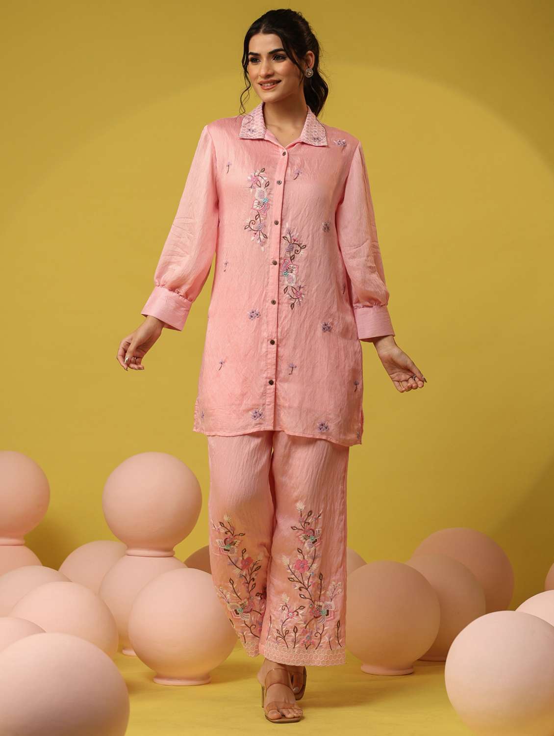 women solid with work long sleeve ethnic co-ord set