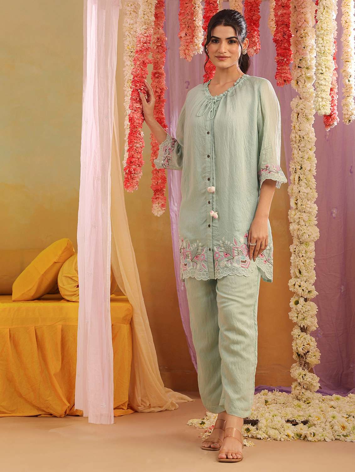 women solid with work three quarter sleeve ethnic co-ord set - 22390145 -  Standard Image - 2