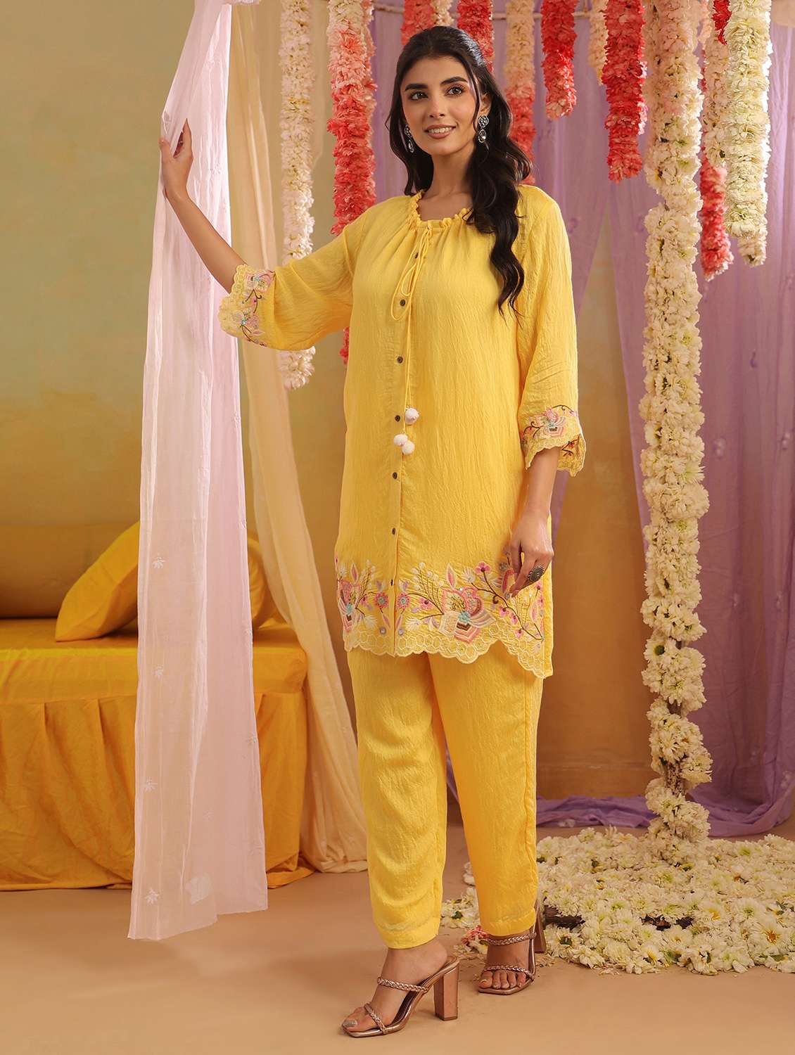 women solid with work three quarter sleeve ethnic co-ord set - 22390146 -  Standard Image - 2