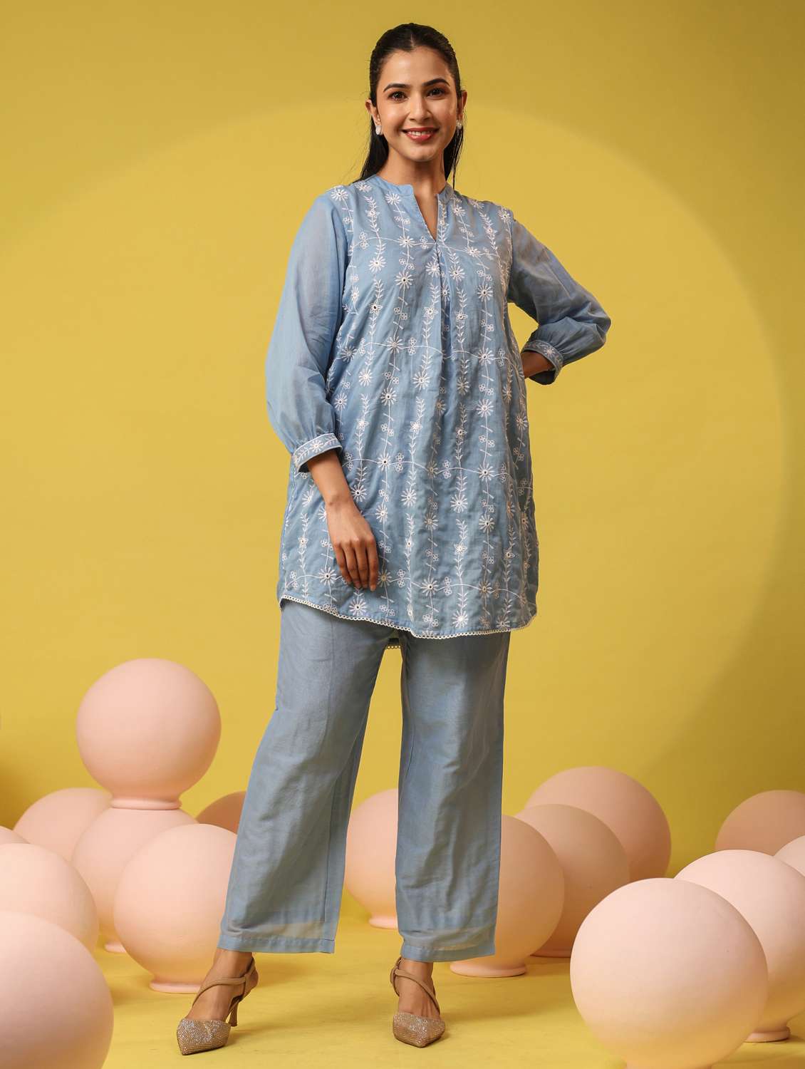 women solid with work three quarter sleeve ethnic co-ord set - 22390148 -  Standard Image - 2