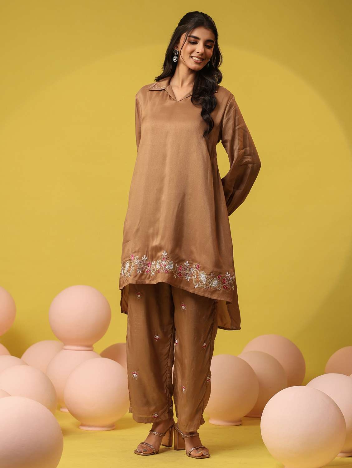 women solid with work long sleeve ethnic co-ord set - 22390150 -  Standard Image - 2