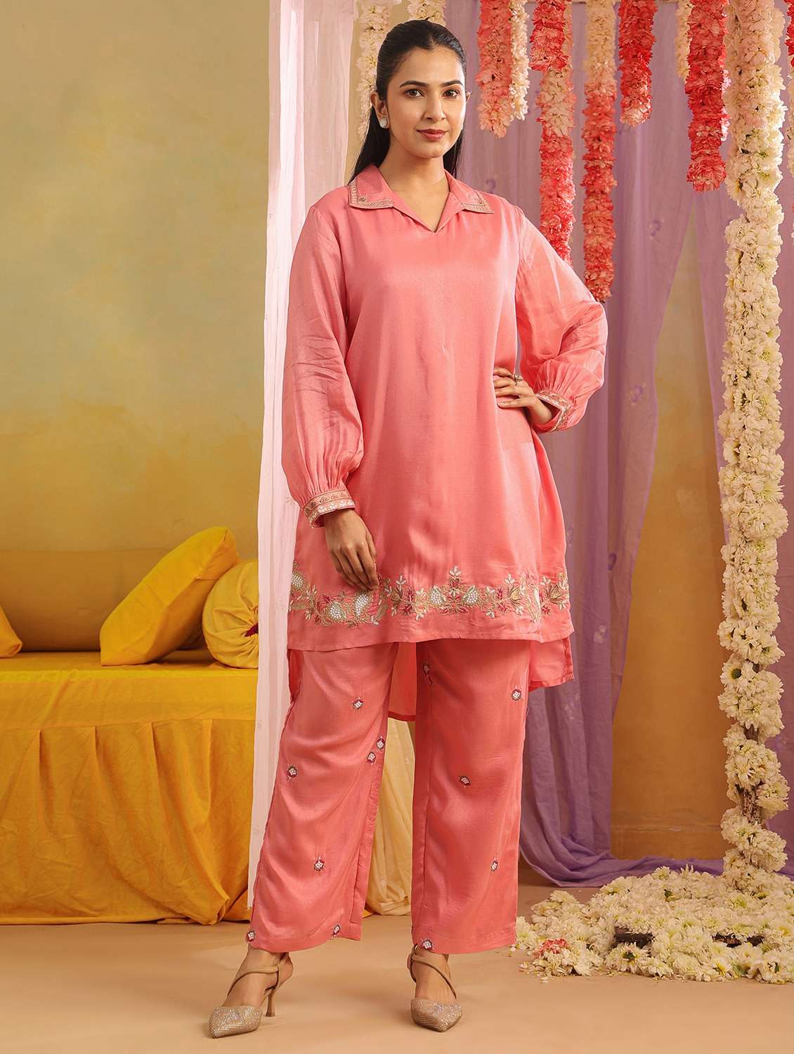 women solid with work long sleeve ethnic co-ord set - 22390151 -  Standard Image - 2