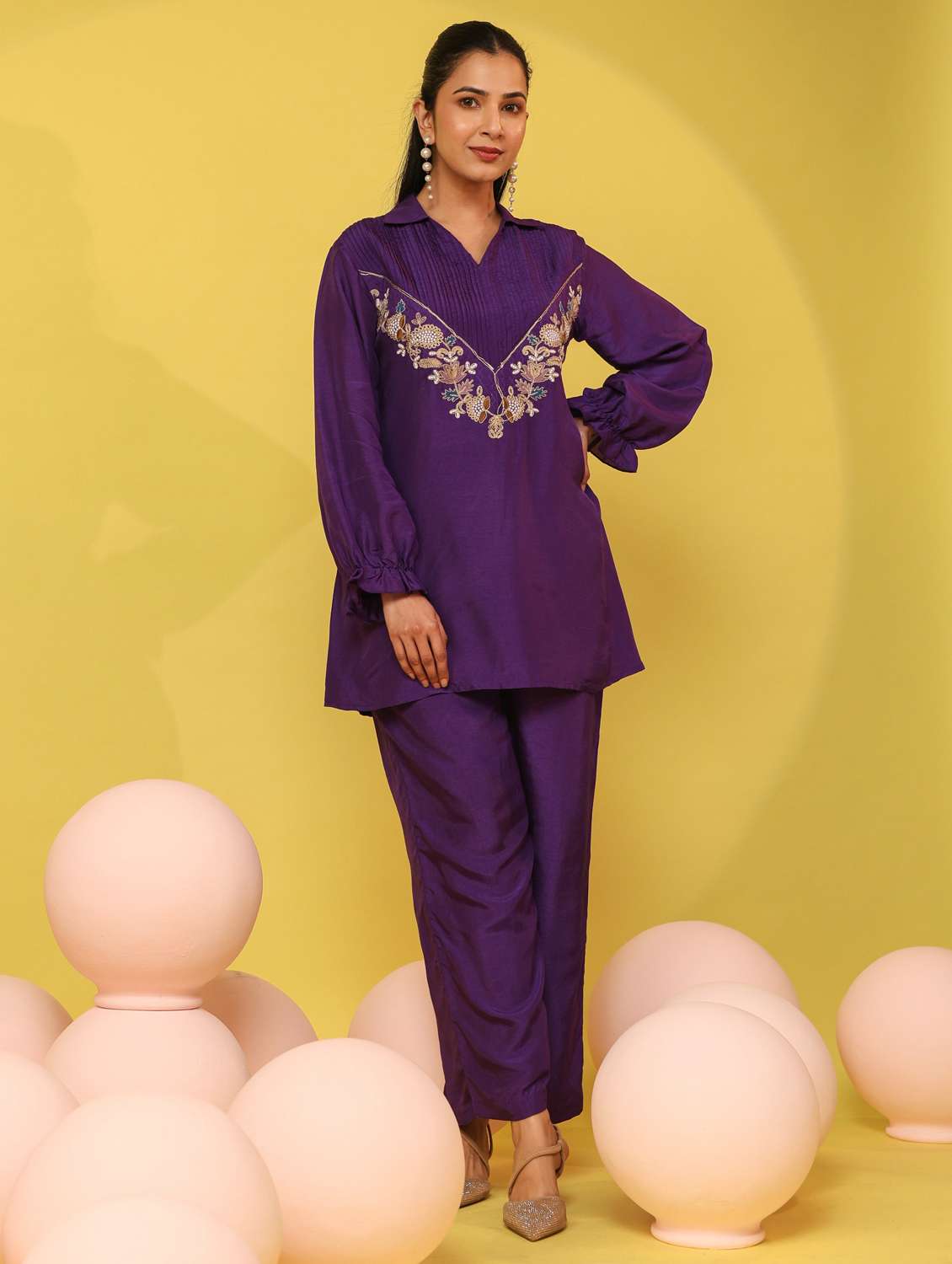 women solid with work long sleeve ethnic co-ord set - 22390153 -  Standard Image - 2