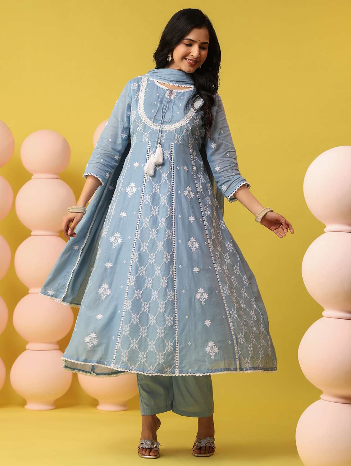 women solid with work three quarter sleeve kurta pant with dupatta set - 22390154 -  Standard Image - 2