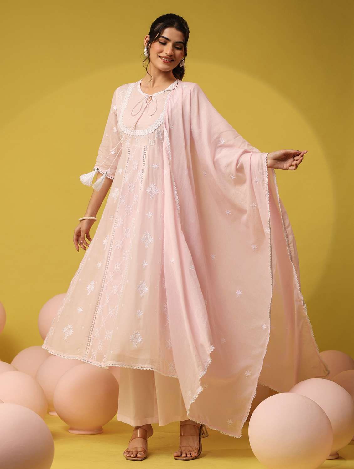 women solid with work three quarter sleeve kurta pant with dupatta set - 22390155 -  Standard Image - 2