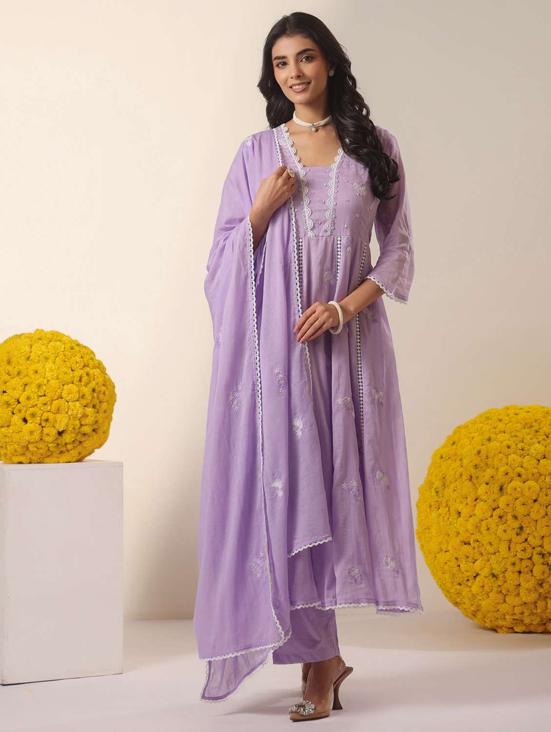 women solid with work three quarter sleeve kurta pant with dupatta set