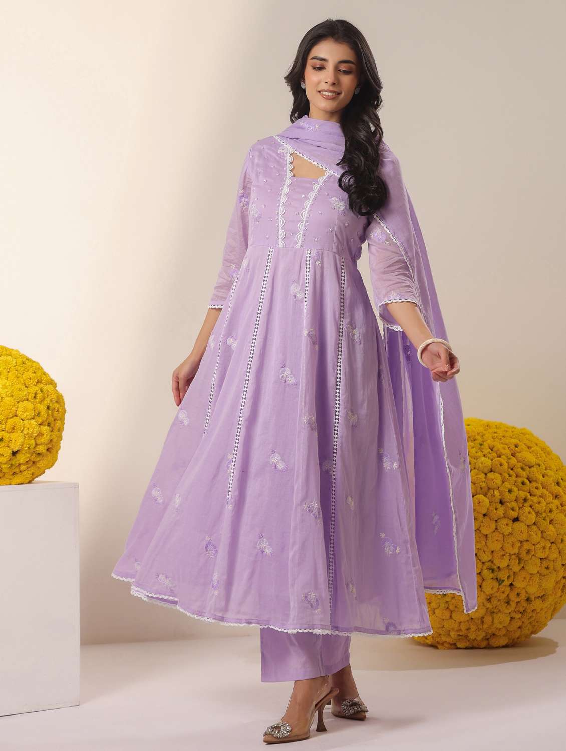 women solid with work three quarter sleeve kurta pant with dupatta set - 22390156 -  Standard Image - 2