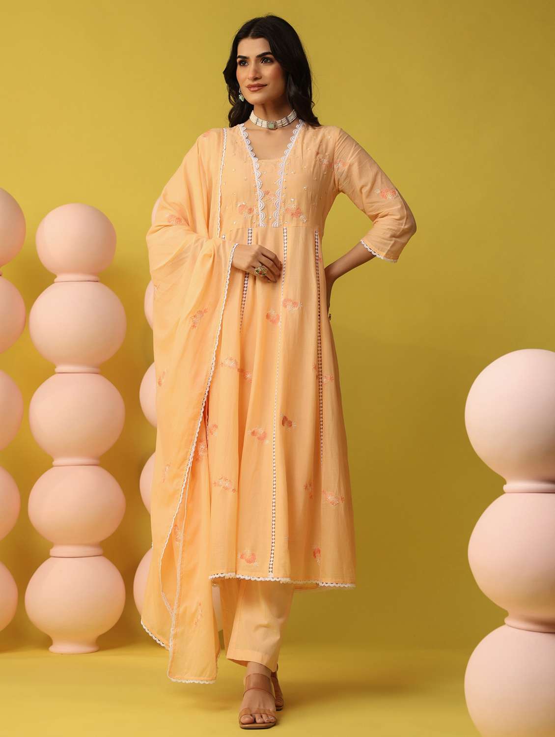 women solid with work three quarter sleeve kurta pant with dupatta set