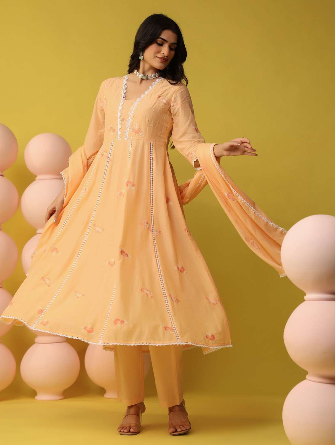 women solid with work three quarter sleeve kurta pant with dupatta set - 22390157 -  Standard Image - 2