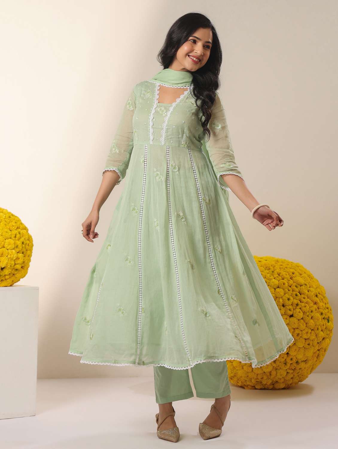 women solid with work three quarter sleeve kurta pant with dupatta set - 22390158 -  Standard Image - 2