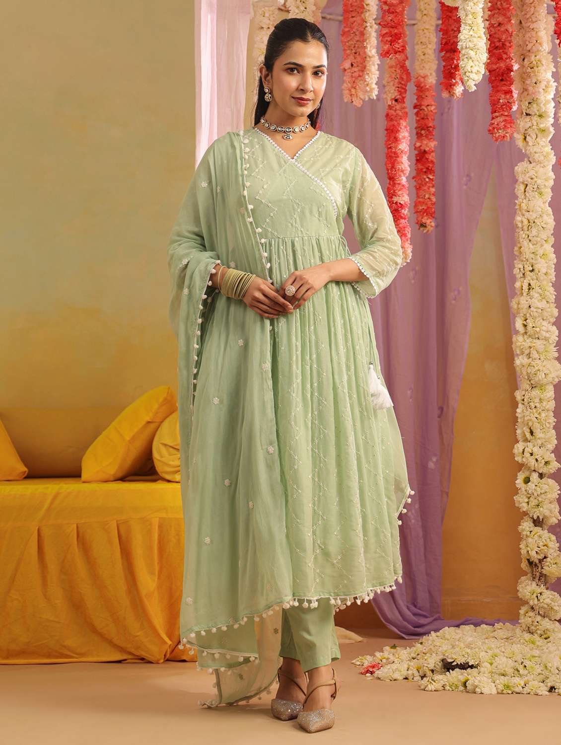 women solid with work three quarter sleeve kurta pant with dupatta set - 22390159 -  Standard Image - 2