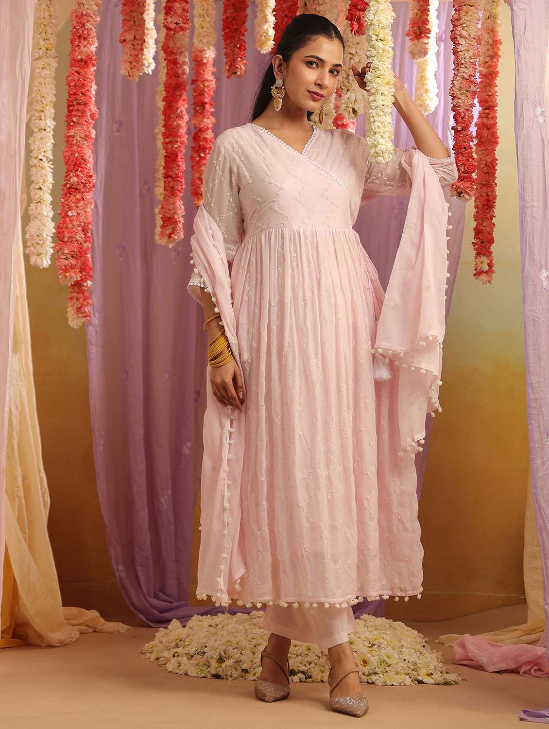 women solid with work three quarter sleeve kurta pant with dupatta set - 22390160 -  Standard Image - 2