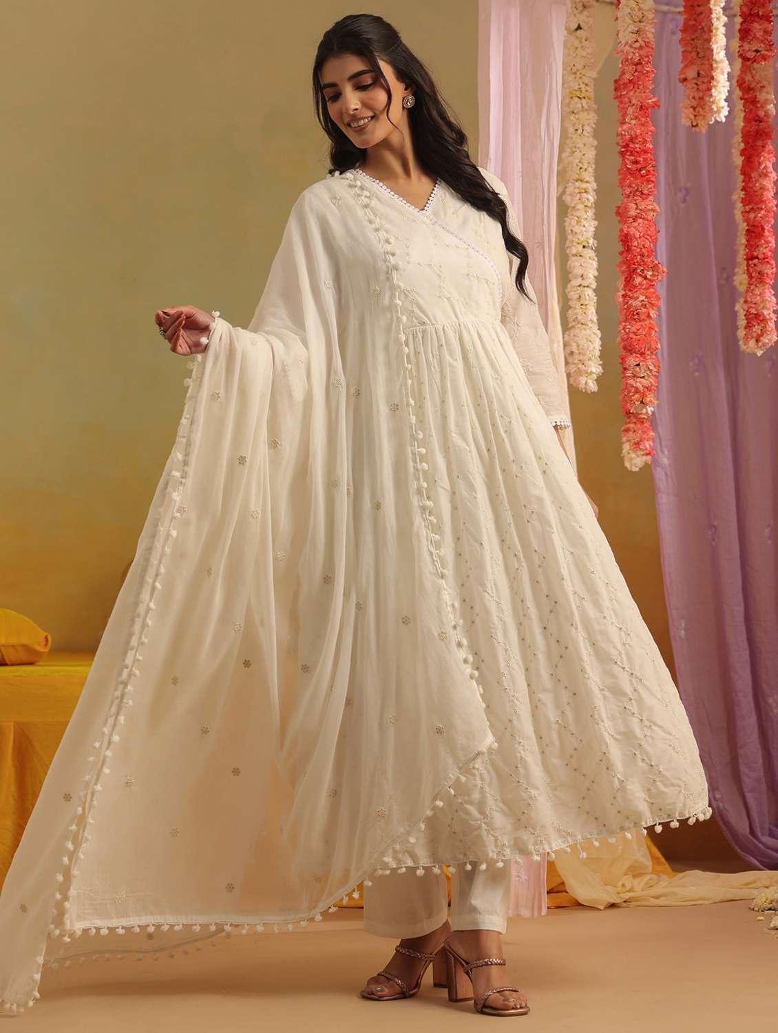 women solid with work three quarter sleeve kurta pant with dupatta set - 22390161 -  Standard Image - 2