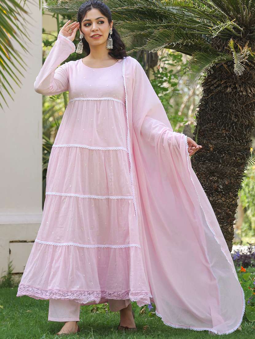women solid with work long sleeve kurta pant with dupatta set - 22390164 -  Standard Image - 2