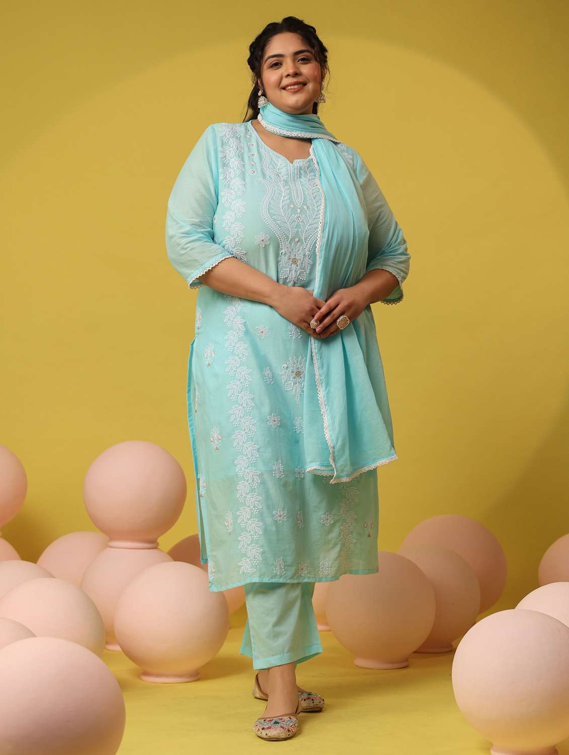 women plus size solid with work notch neck kurta pant with dupatta set - 22390165 -  Standard Image - 2