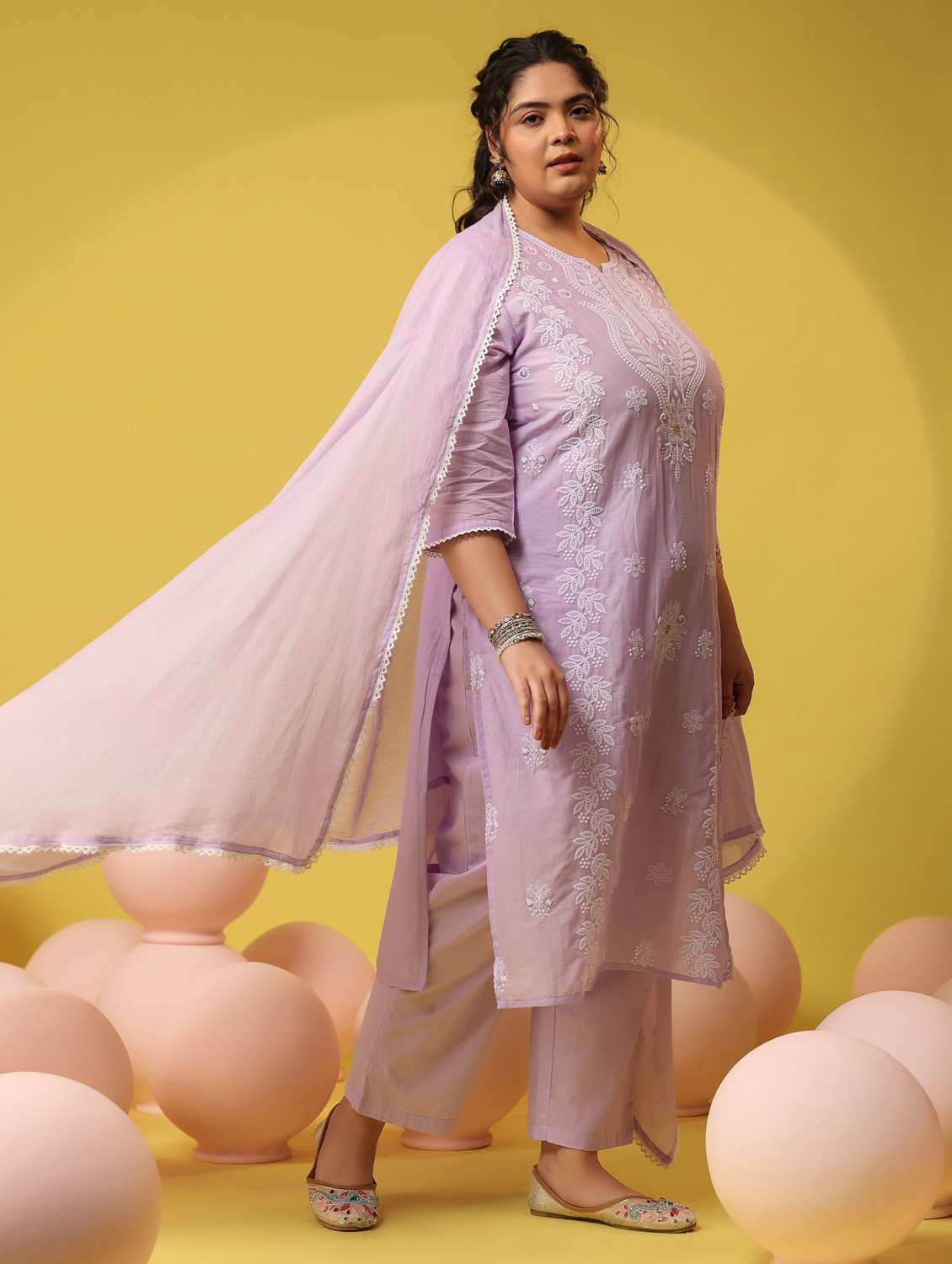 women plus size solid with work notch neck kurta pant with dupatta set - 22390166 -  Standard Image - 2