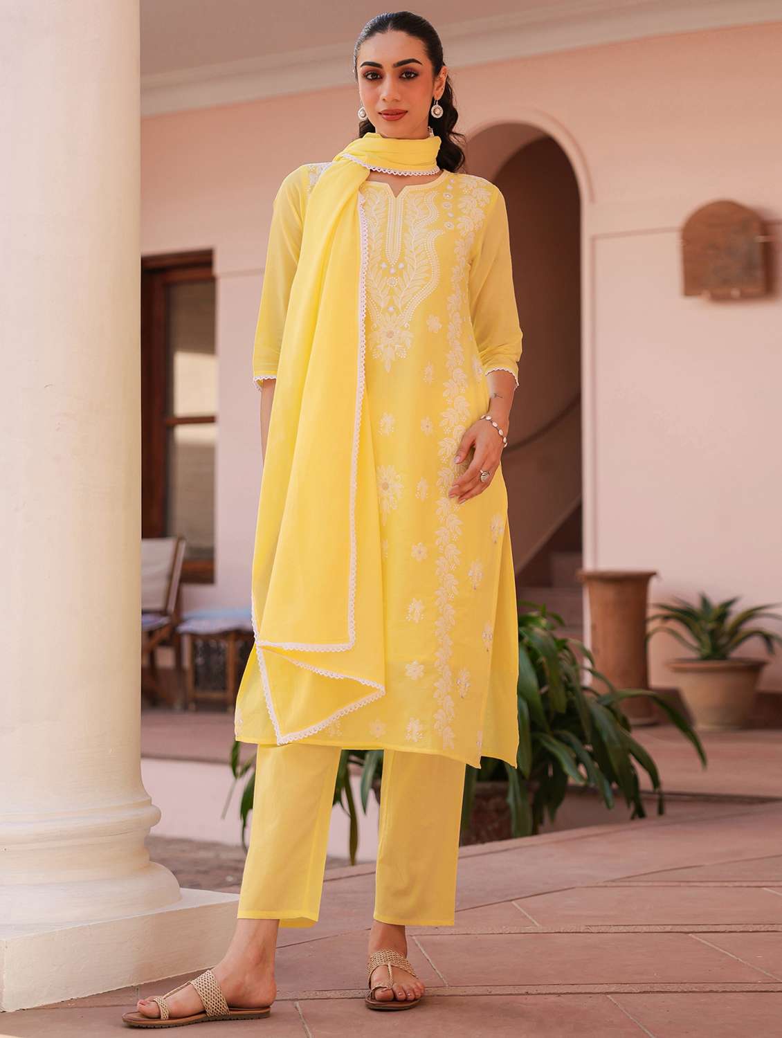 yellow cotton kurta pant  set