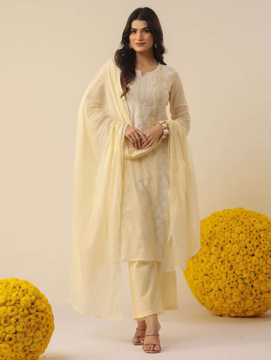 women solid with work notch neck kurta pant with dupatta set - 22390177 -  Standard Image - 2