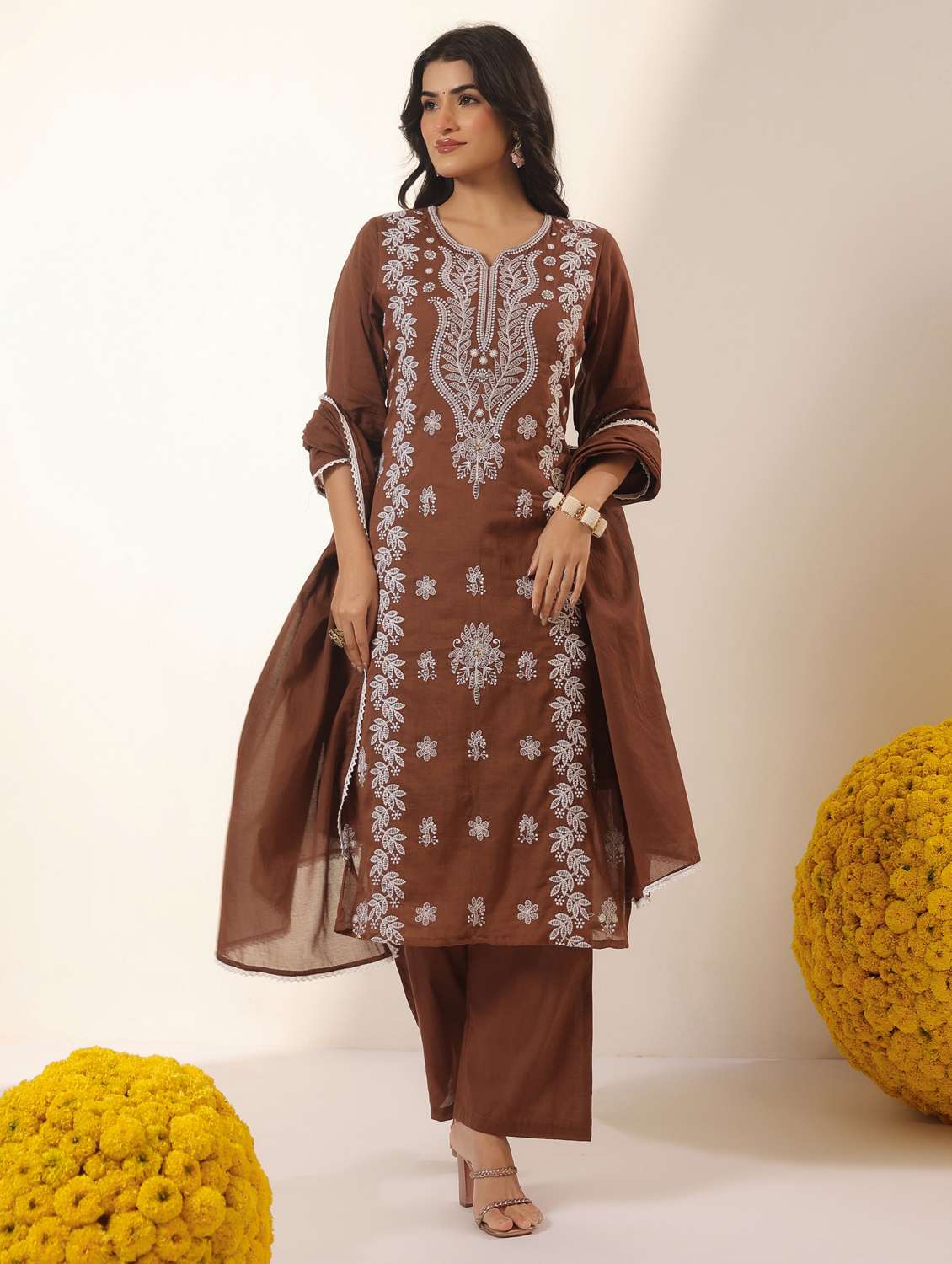 women solid with work notch neck kurta pant with dupatta set - 22390178 -  Standard Image - 2