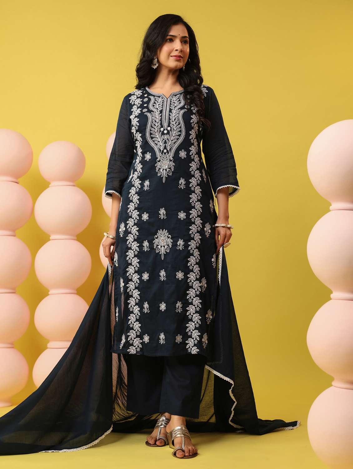 women solid with work notch neck kurta pant with dupatta set - 22390180 -  Standard Image - 2