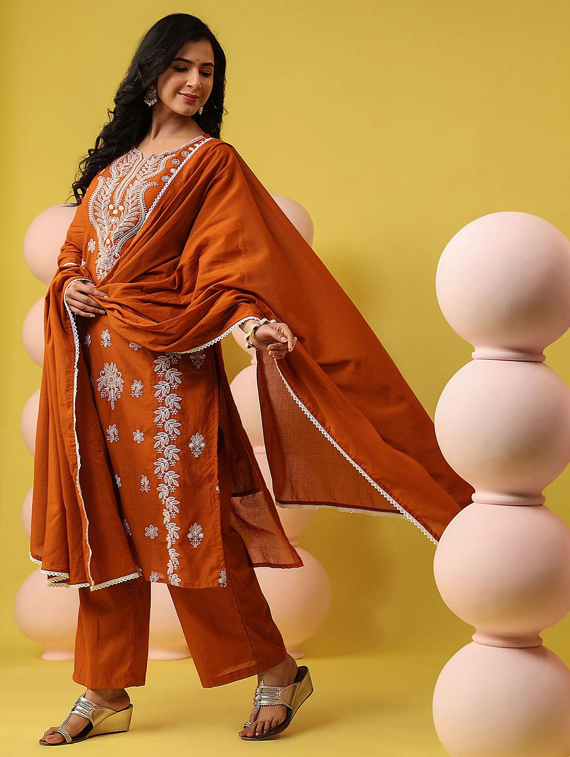 women solid with work notch neck kurta pant with dupatta set - 22390183 -  Standard Image - 2
