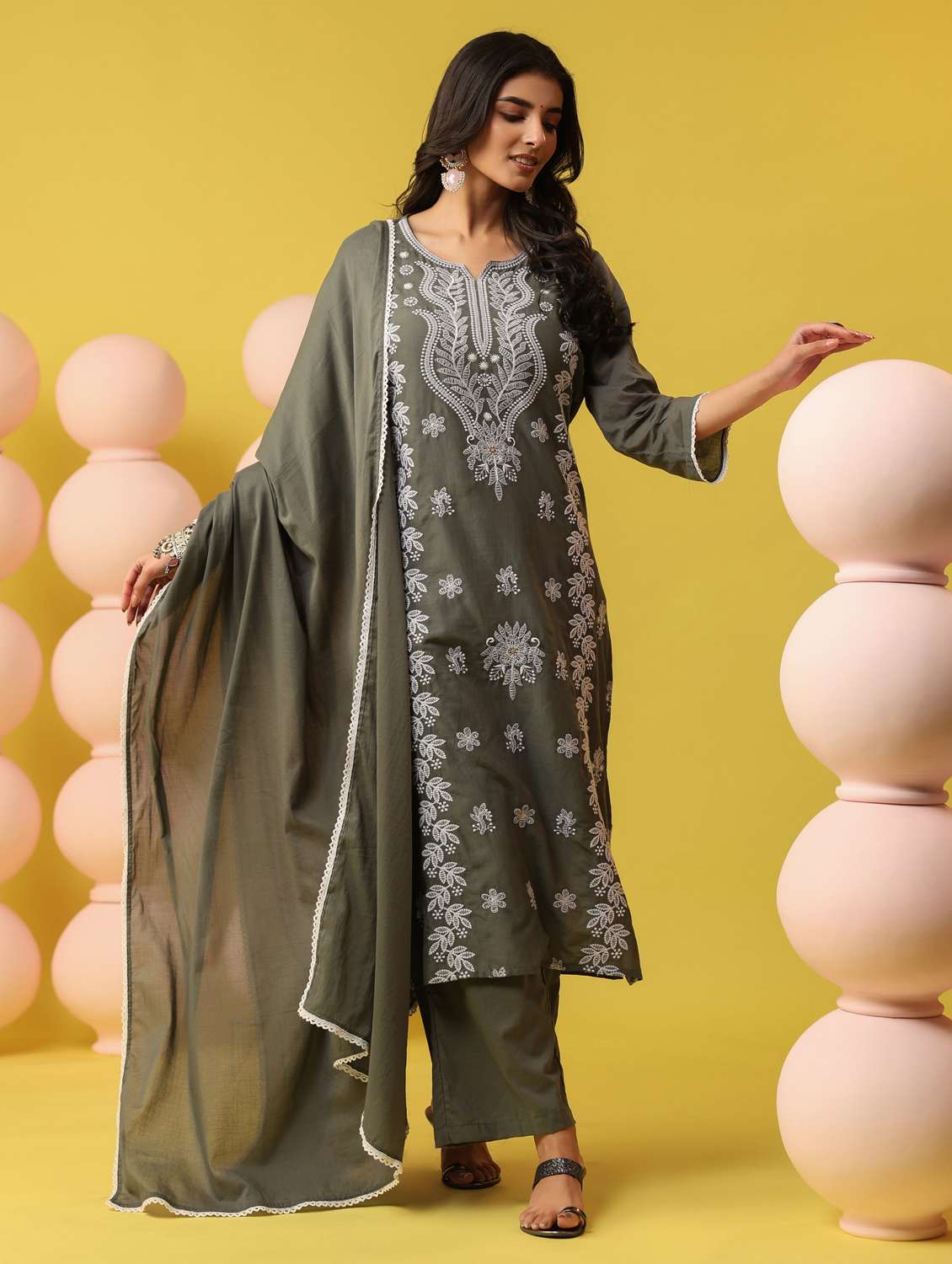 women solid with work notch neck kurta pant with dupatta set - 22390184 -  Standard Image - 2