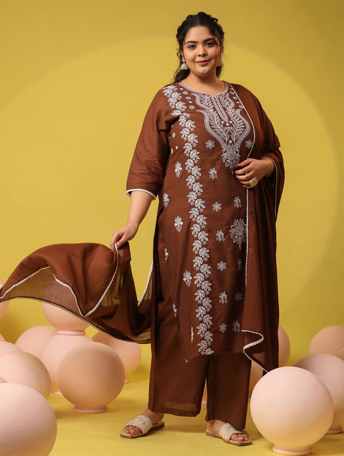 Women Plus Size Solid With Work Notch Neck Kurta Pant With Dupatta Set - 22390186 -  Standard Image - 2