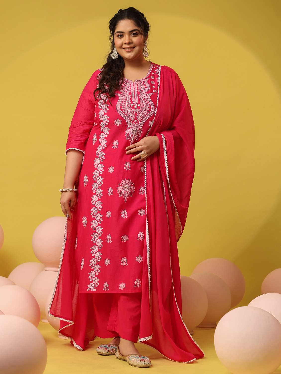women plus size solid with work notch neck kurta pant with dupatta set - 22390187 -  Standard Image - 2