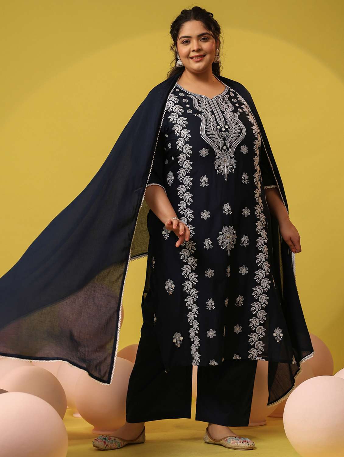 women plus size solid with work notch neck kurta pant with dupatta set - 22390188 -  Standard Image - 2