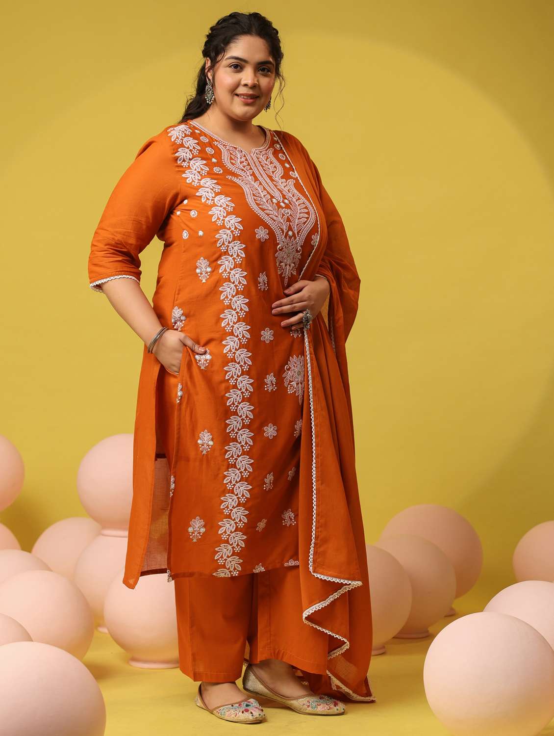 women plus size solid with work notch neck kurta pant with dupatta set - 22390191 -  Standard Image - 2