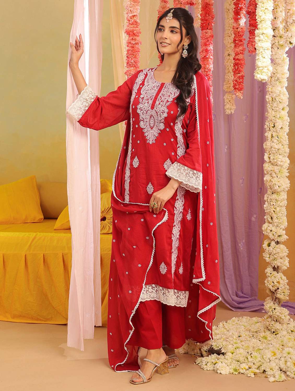 women solid with work round neck kurta pant with dupatta set - 22390197 -  Standard Image - 2