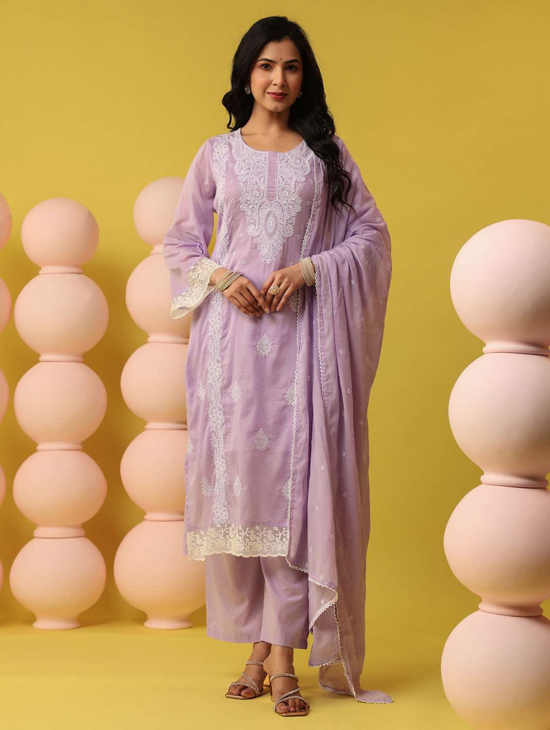 women solid with work round neck kurta pant with dupatta set