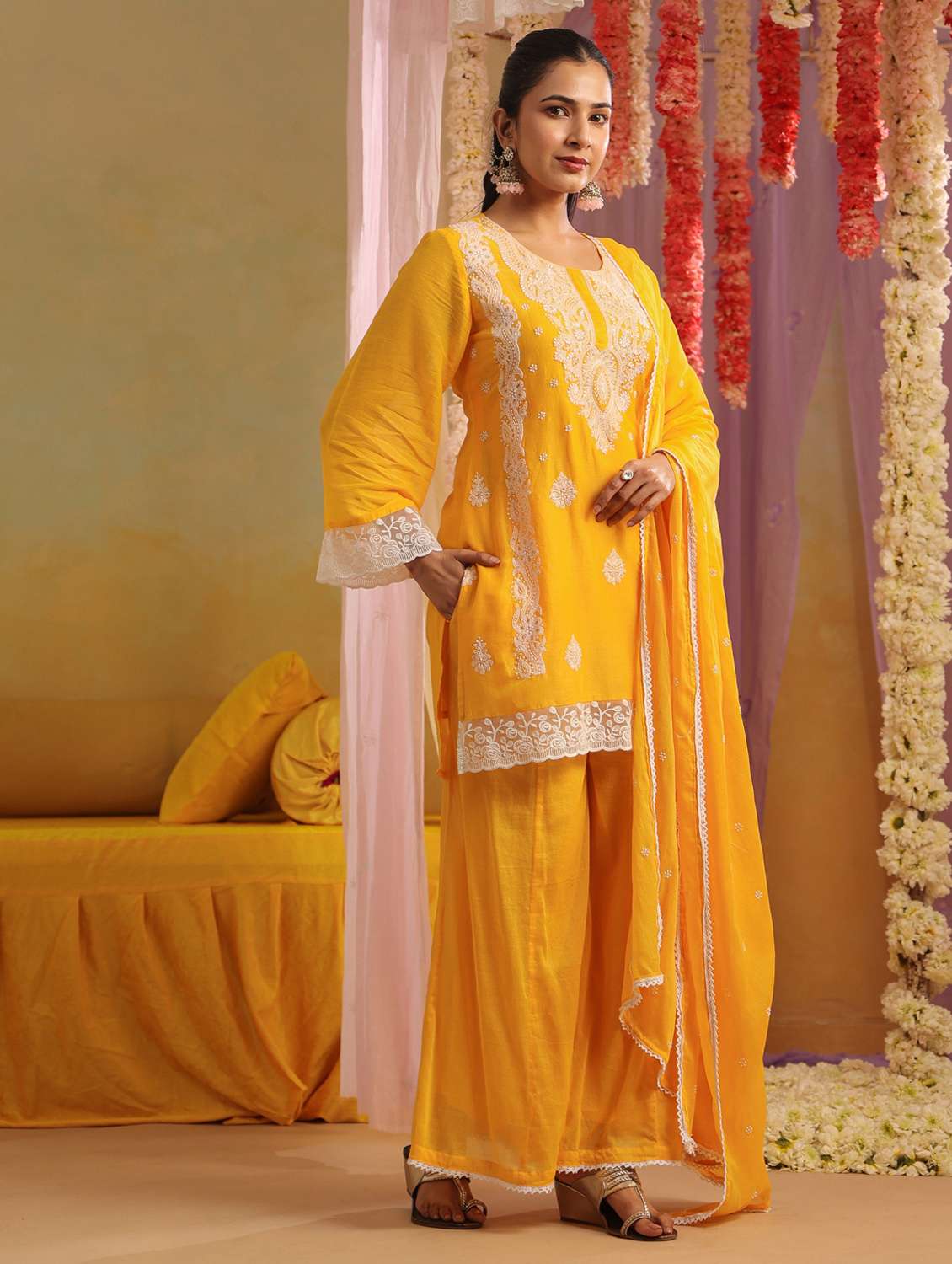 women solid with work round neck kurta palazzo with dupatta set - 22390207 -  Standard Image - 2