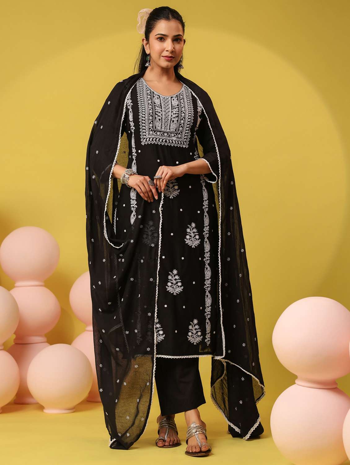 women solid with work round neck kurta pant with dupatta set - 22390209 -  Standard Image - 2