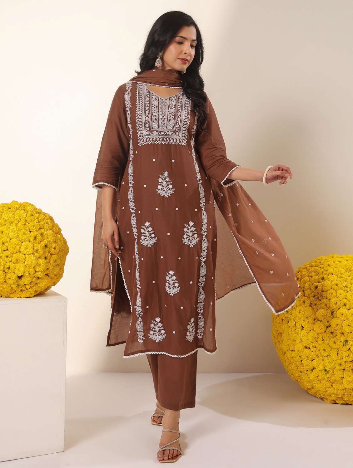 women solid with work round neck kurta pant with dupatta set - 22390210 -  Standard Image - 2