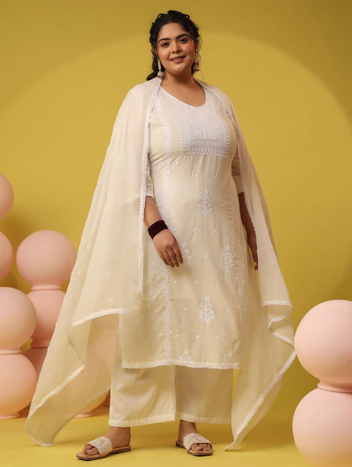 women plus size solid with work round neck kurta pant with dupatta set - 22390213 -  Standard Image - 2