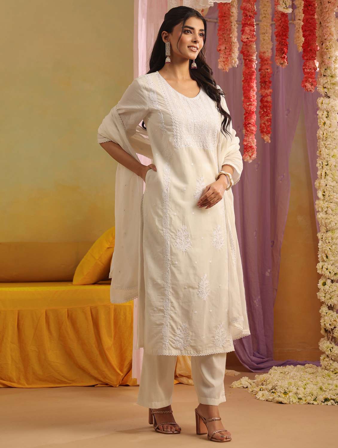 women solid with work round neck kurta pant with dupatta set - 22390214 -  Standard Image - 2