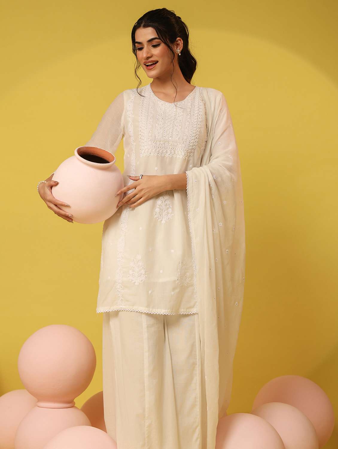 women solid with work round neck kurta palazzo with dupatta set - 22390217 -  Standard Image - 2
