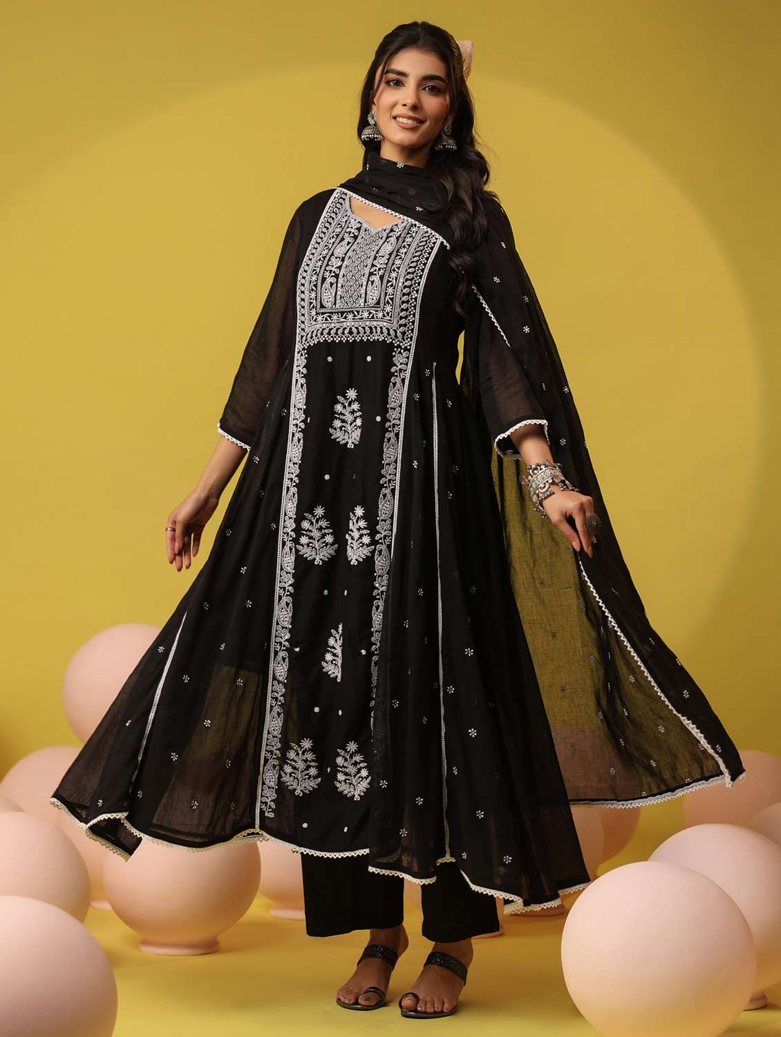 women solid with work three quarter sleeve kurta pant with dupatta set - 22390218 -  Standard Image - 2