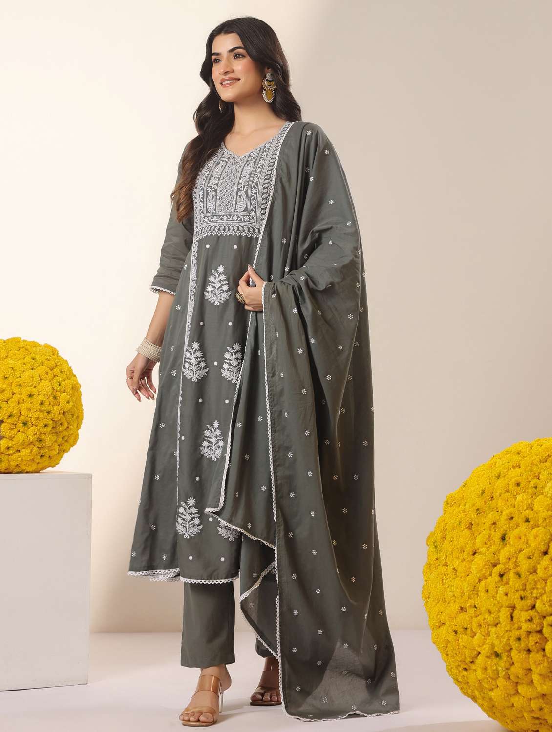women solid with work three quarter sleeve kurta pant with dupatta set - 22390219 -  Standard Image - 2