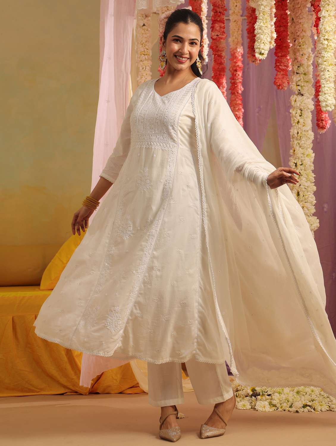 women solid with work three quarter sleeve kurta pant with dupatta set - 22390220 -  Standard Image - 2