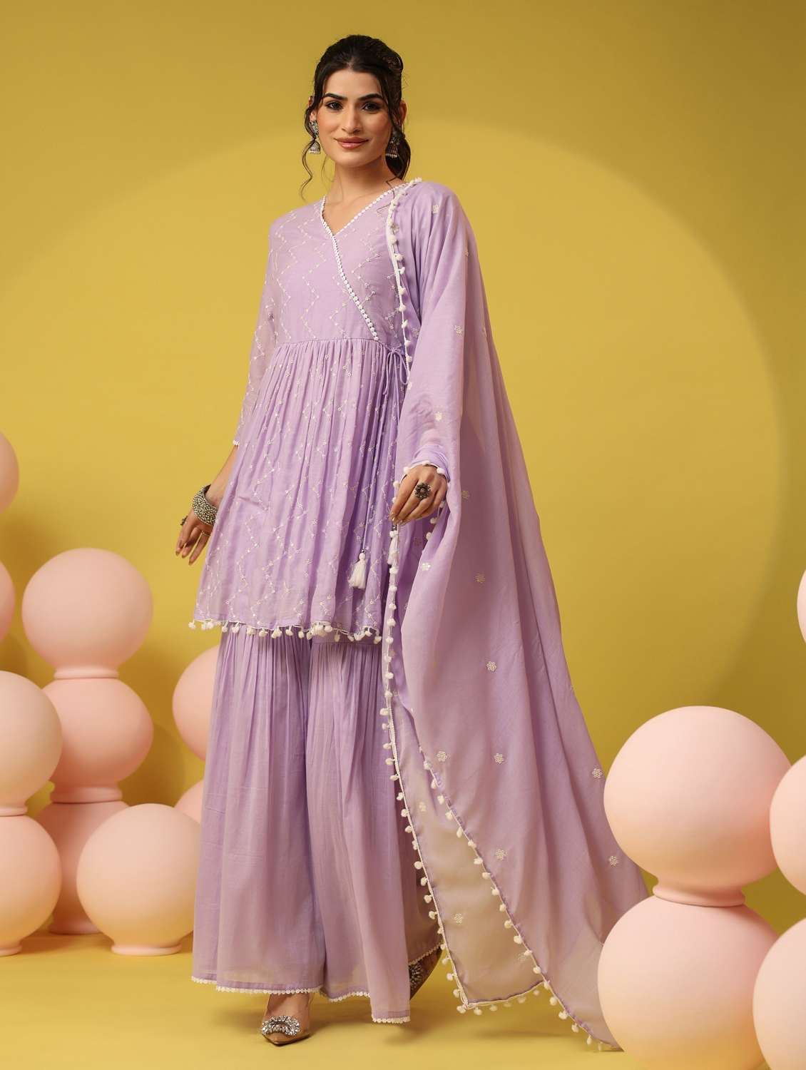 women solid with work v neck kurta sharara with dupatta set - 22390221 -  Standard Image - 2