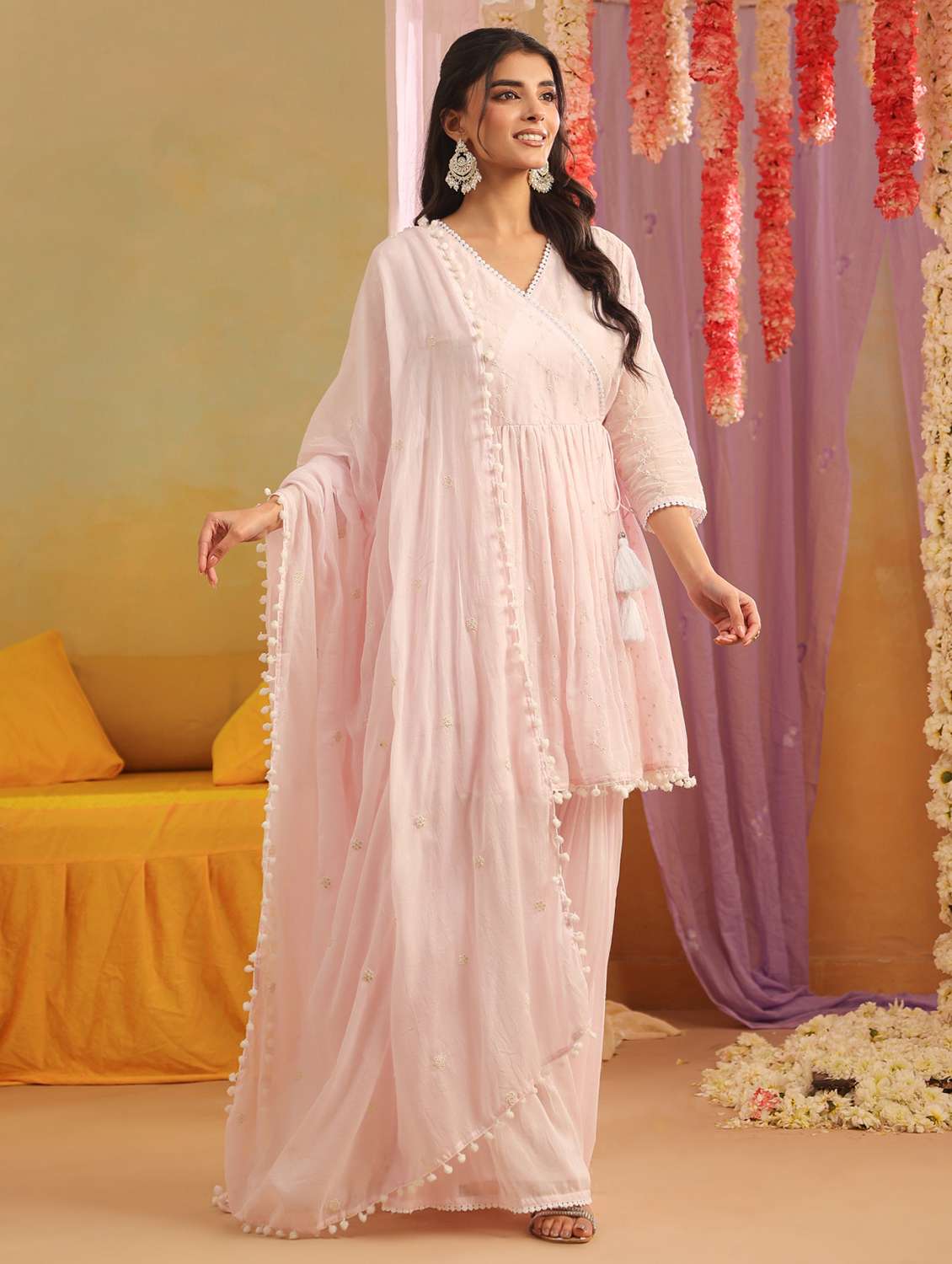 women solid with work v neck kurta sharara with dupatta set - 22390222 -  Standard Image - 2