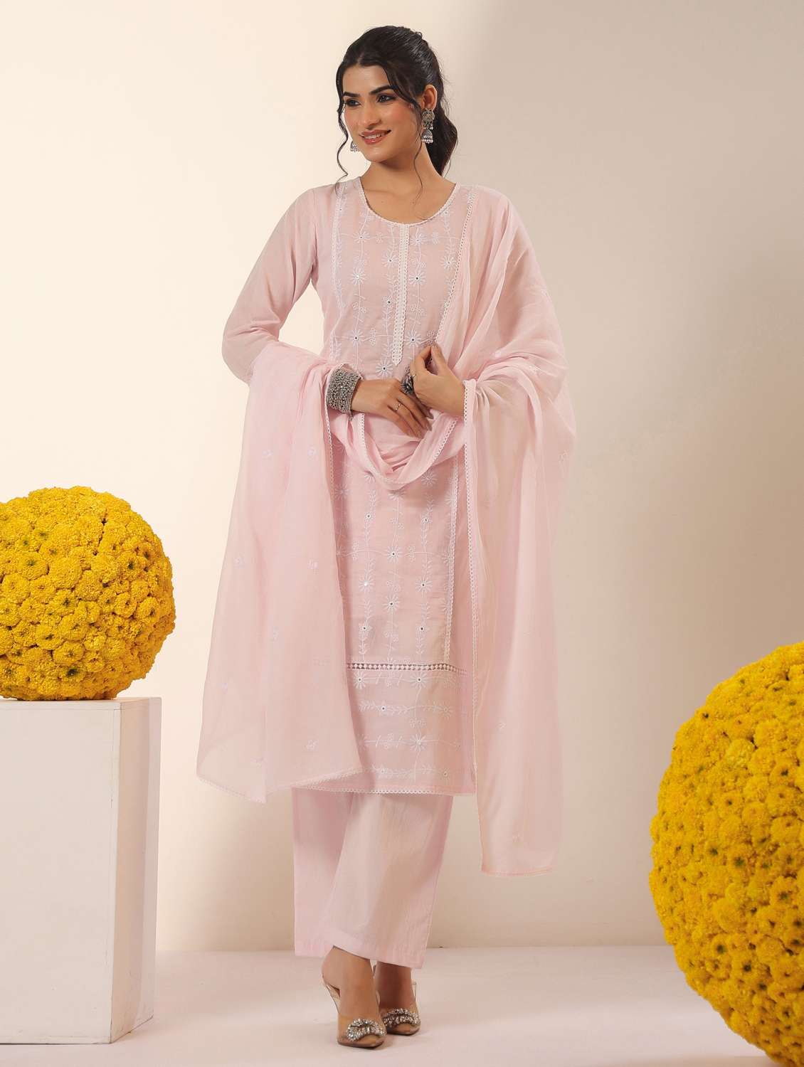 women solid with work round neck kurta pant with dupatta set - 22390224 -  Standard Image - 2